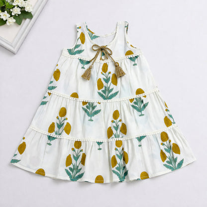 The Magic Wand Cotton Woven Sleeveless Floral Printed Tiered A-Line Dress - White