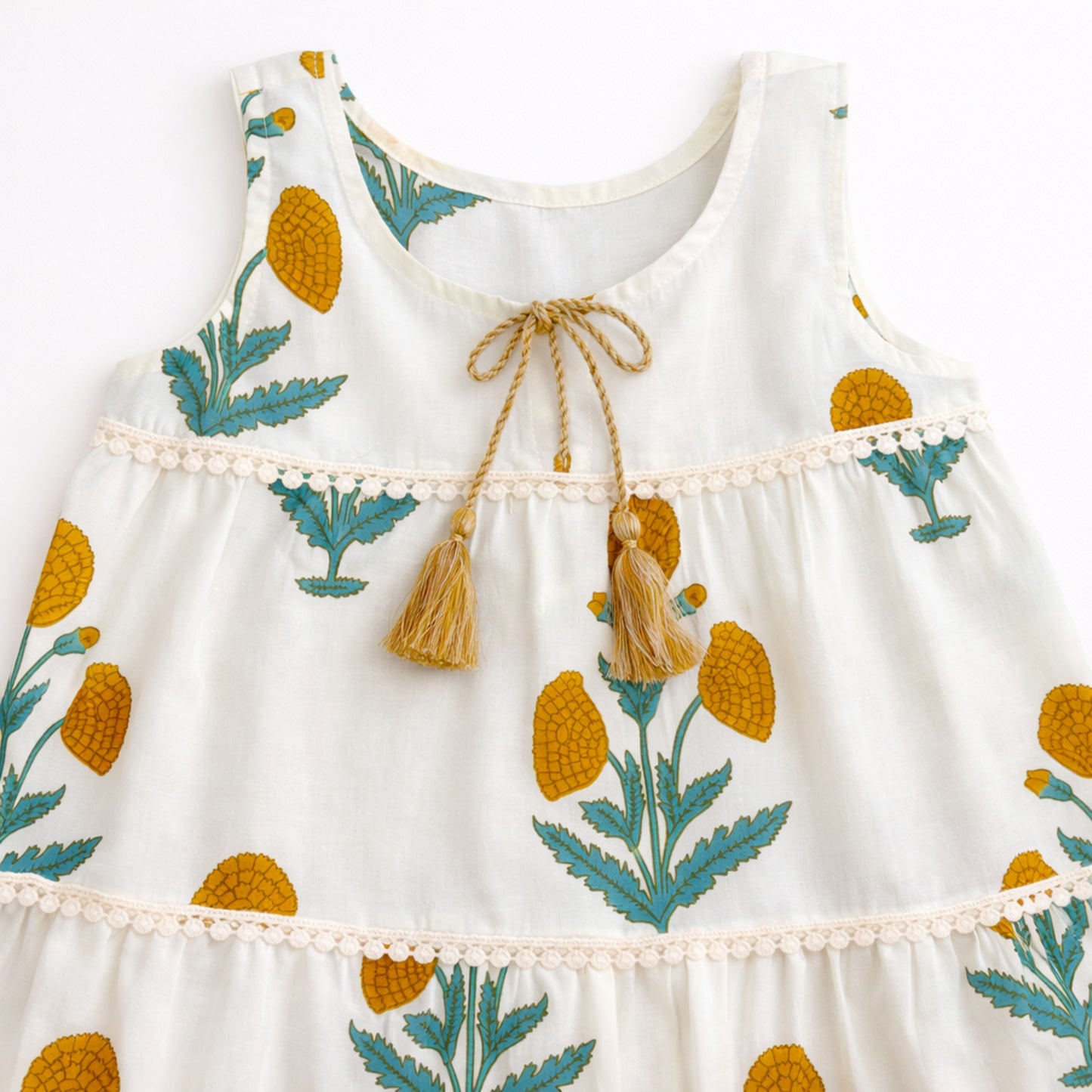 The Magic Wand Cotton Woven Sleeveless Floral Printed Tiered A-Line Dress - White