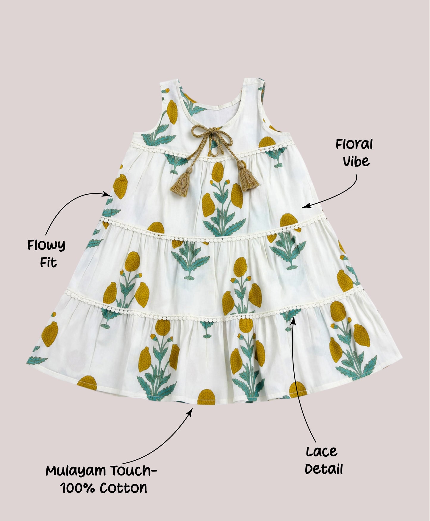The Magic Wand Cotton Woven Sleeveless Floral Printed Tiered A-Line Dress - White