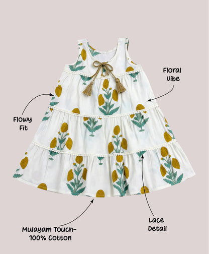 The Magic Wand Cotton Woven Sleeveless Floral Printed Tiered A-Line Dress - White