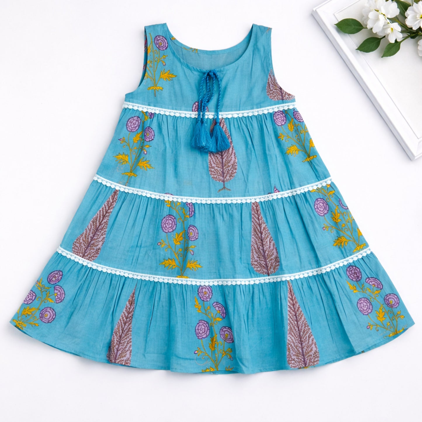 The Magic Wand Cotton Woven Sleeveless Floral Printed Tiered A-Line Dress - Blue