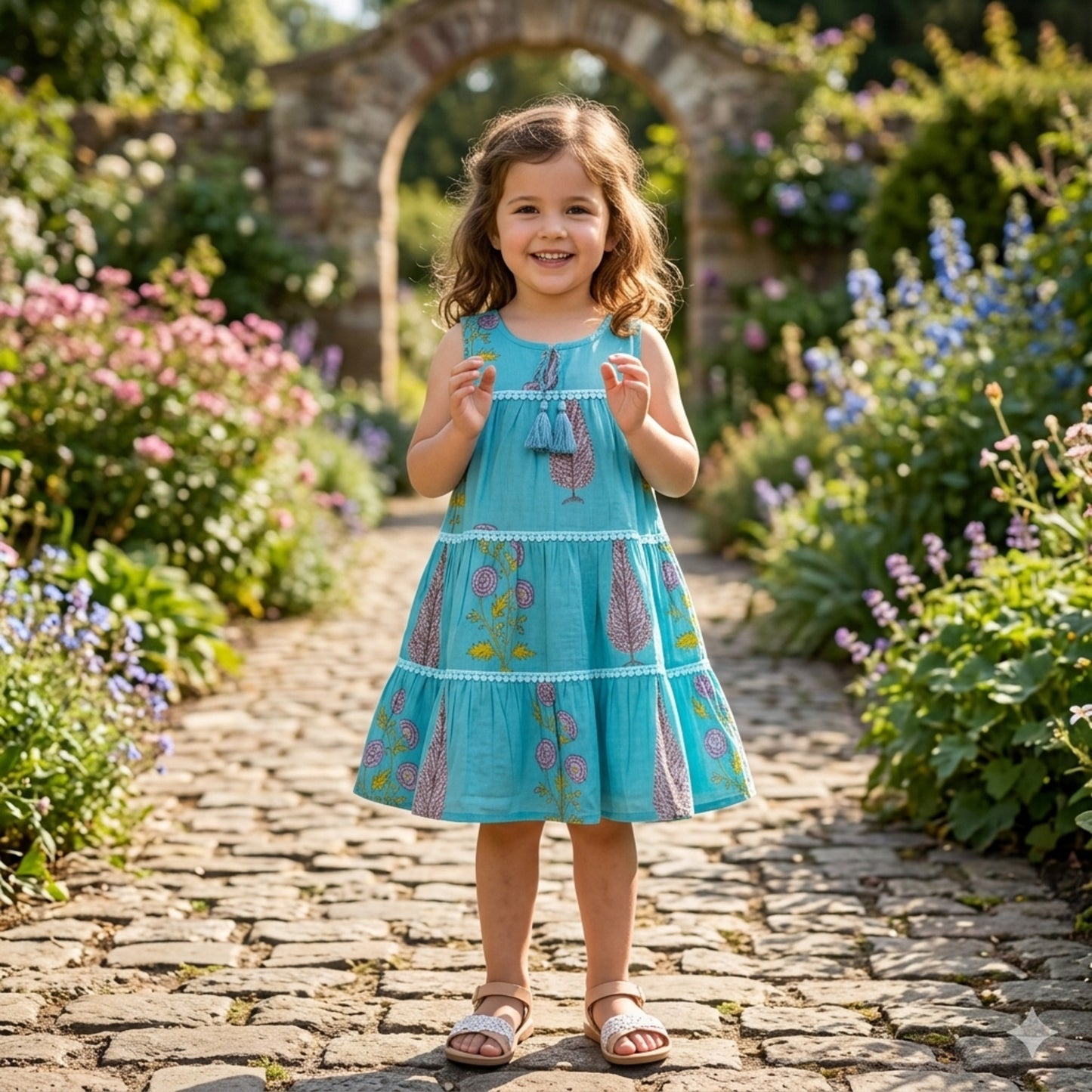 The Magic Wand Cotton Woven Sleeveless Floral Printed Tiered A-Line Dress - Blue