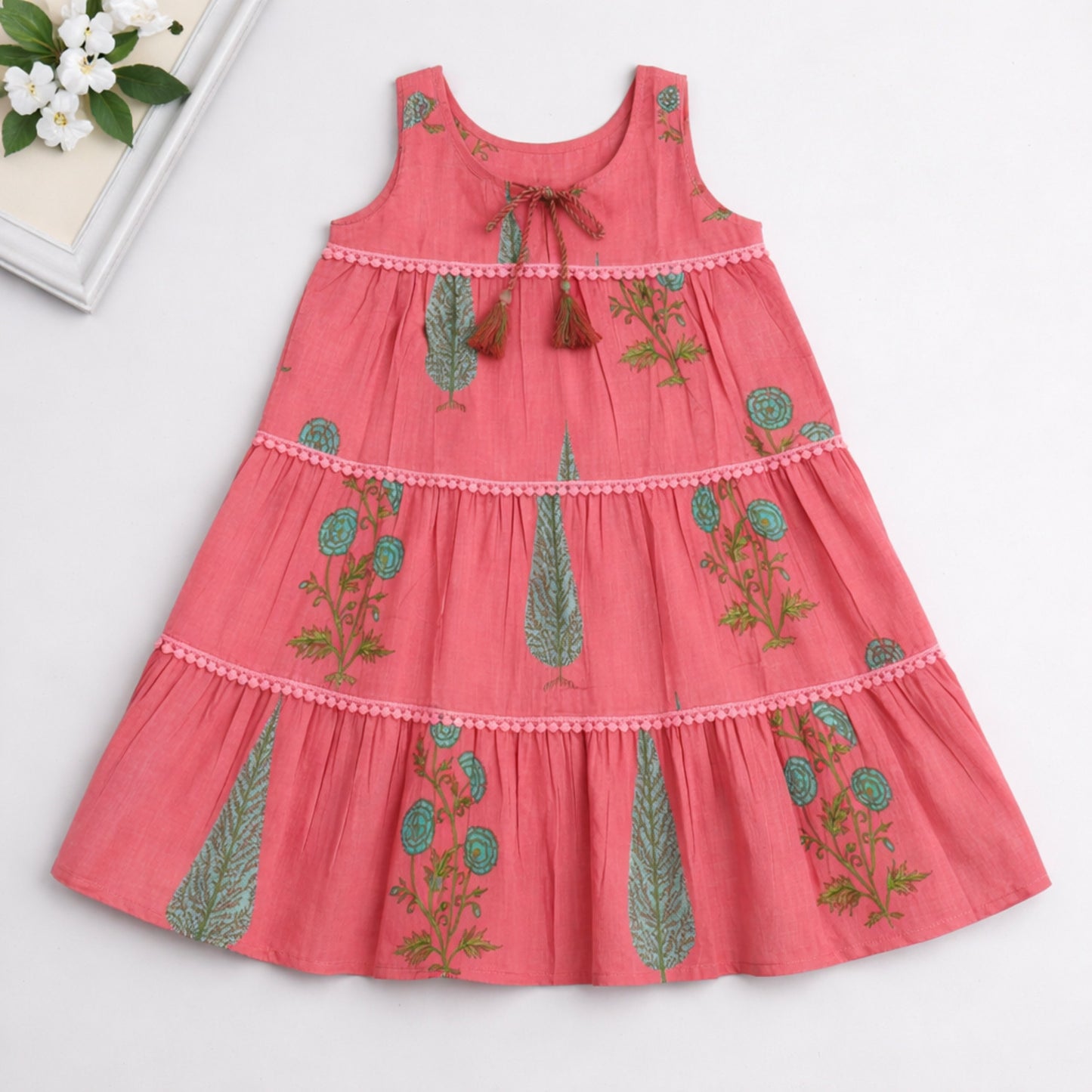 The Magic Wand Cotton Woven Sleeveless Floral Printed Tiered A-Line Dress - Coral