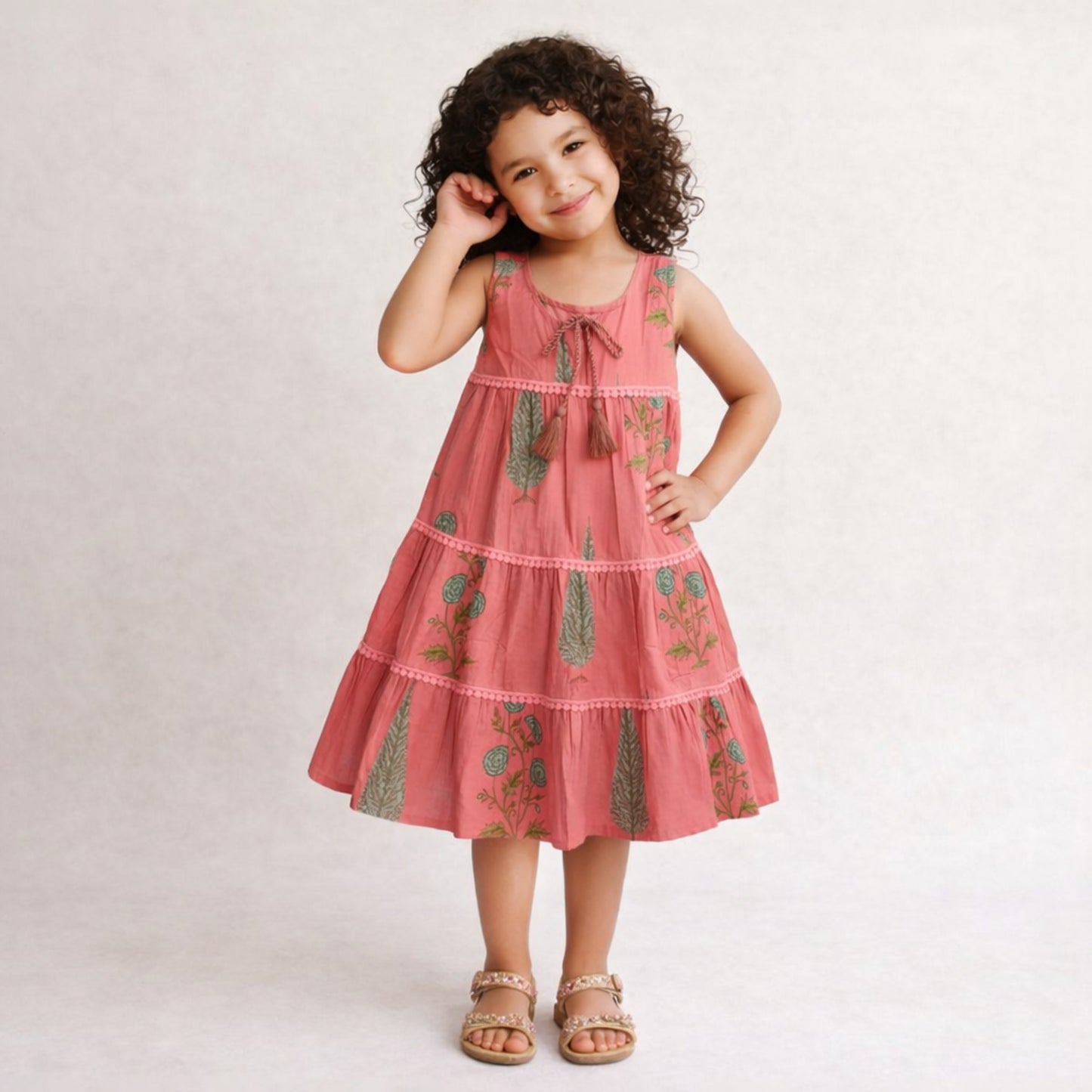 The Magic Wand Cotton Woven Sleeveless Floral Printed Tiered A-Line Dress - Coral