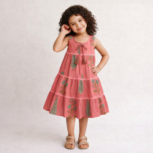The Magic Wand Cotton Woven Sleeveless Floral Printed Tiered A-Line Dress - Coral