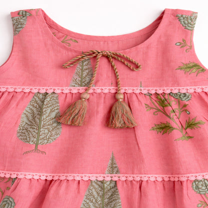 The Magic Wand Cotton Woven Sleeveless Floral Printed Tiered A-Line Dress - Coral