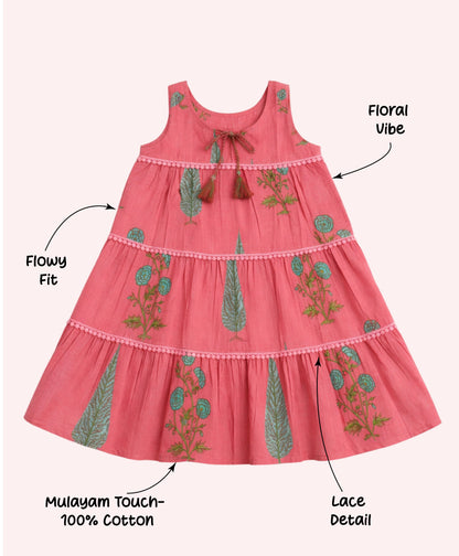 The Magic Wand Cotton Woven Sleeveless Floral Printed Tiered A-Line Dress - Coral