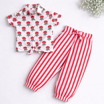 The Magic Wand Cotton Woven Half Sleeves Floral Printed Shirt And Stripes Harem Pant Set - Orange