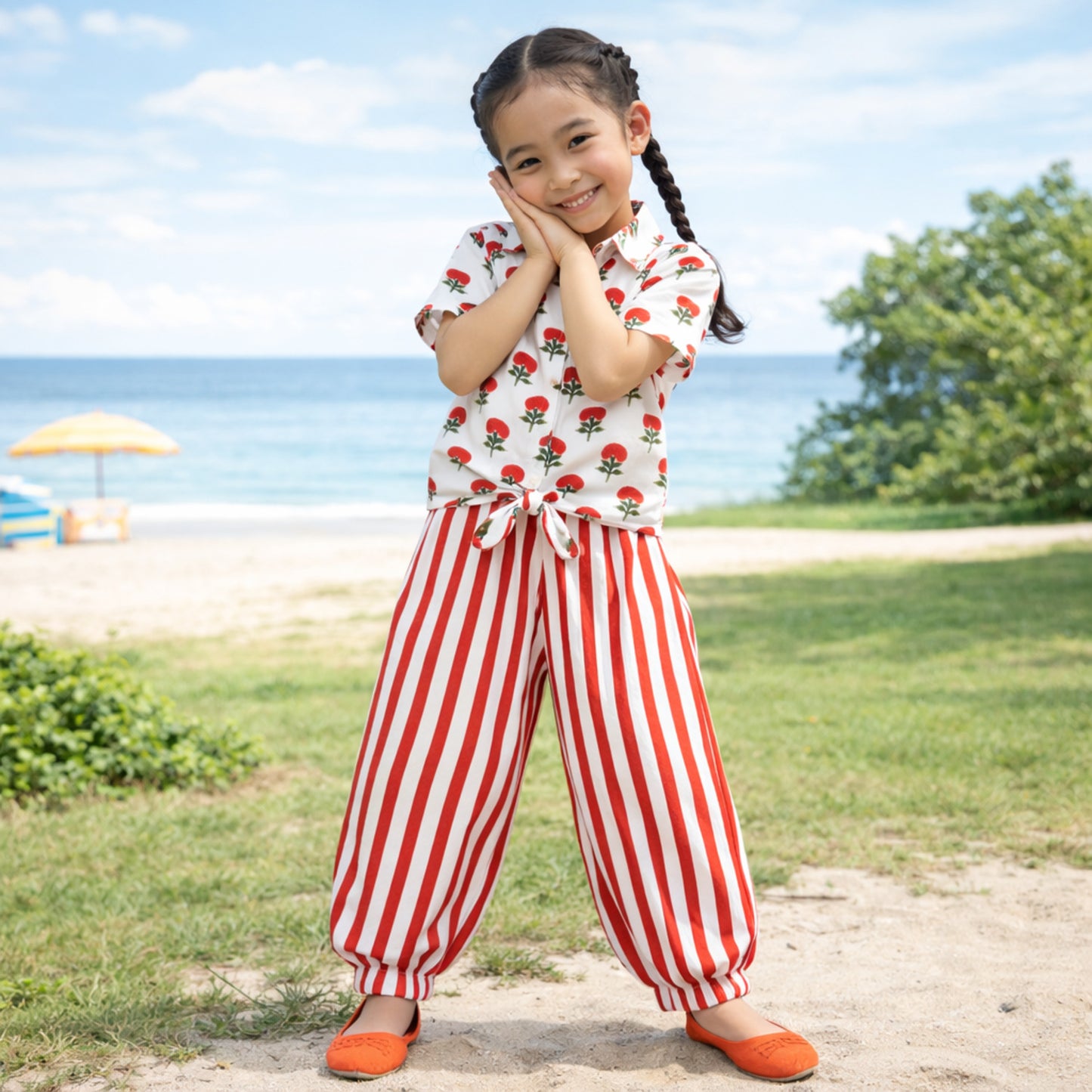 The Magic Wand Cotton Woven Half Sleeves Floral Printed Shirt And Stripes Harem Pant Set - Orange