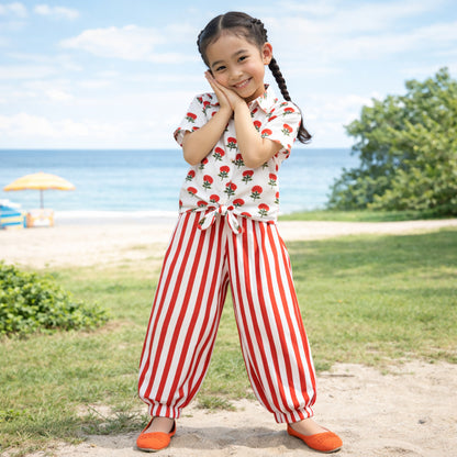 The Magic Wand Cotton Woven Half Sleeves Floral Printed Shirt And Stripes Harem Pant Set - Orange