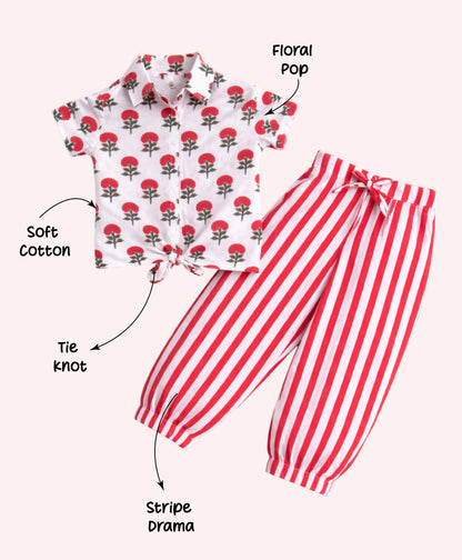 The Magic Wand Cotton Woven Half Sleeves Floral Printed Shirt And Stripes Harem Pant Set - Orange