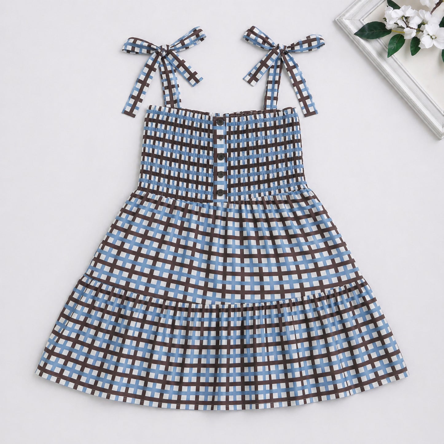 The Magic Wand Woven Tie-Up Straps Checkered Printed Smocking Gathered Dress - Blue