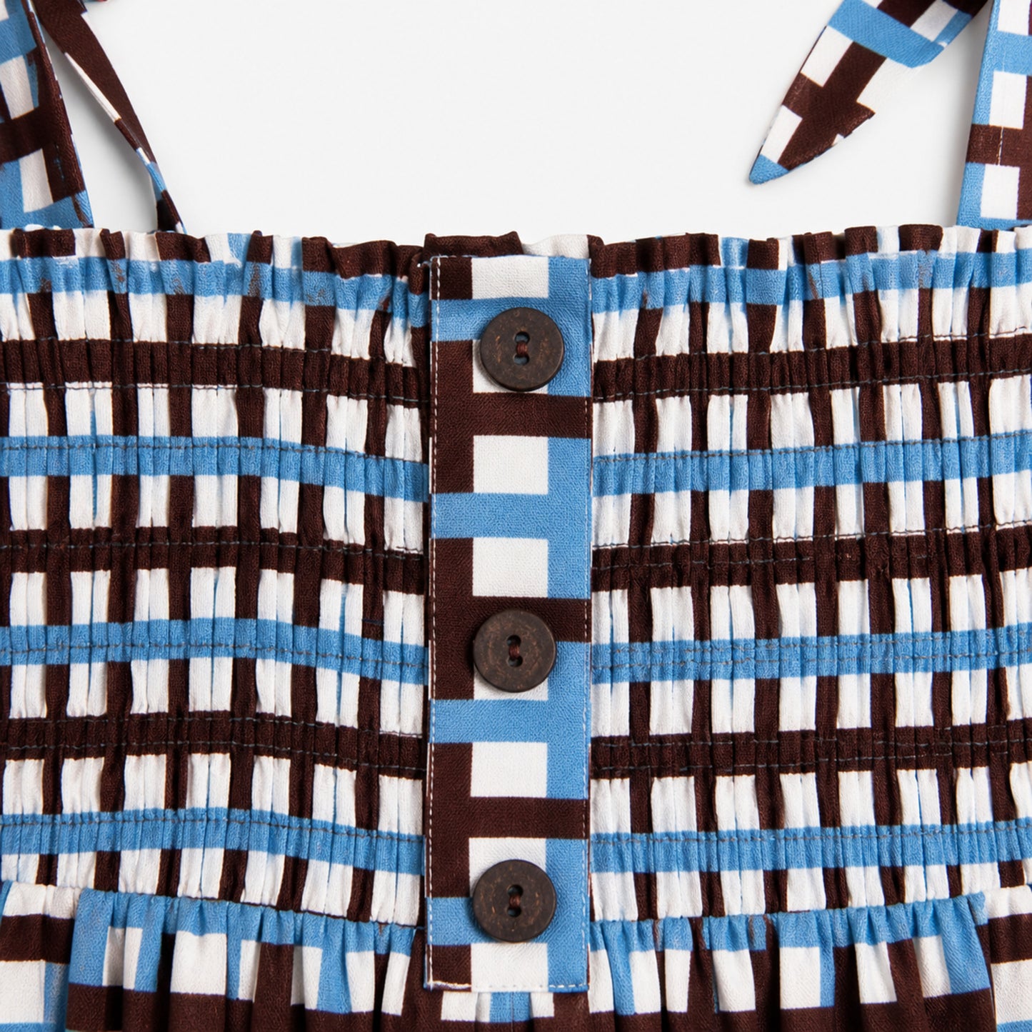 The Magic Wand Woven Tie-Up Straps Checkered Printed Smocking Gathered Dress - Blue