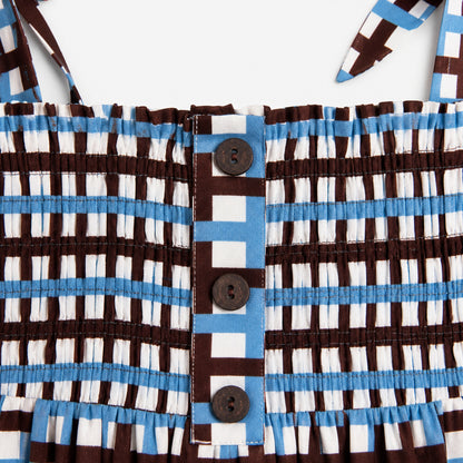 The Magic Wand Woven Tie-Up Straps Checkered Printed Smocking Gathered Dress - Blue