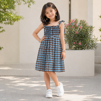 The Magic Wand Woven Tie-Up Straps Checkered Printed Smocking Gathered Dress - Blue