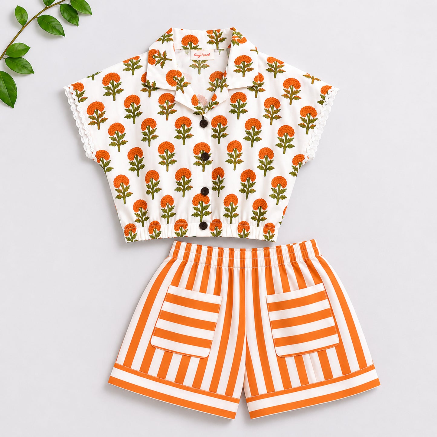 The Magic Wand Cotton Woven Floral Printed Shirt And Stripes Shorts With Patch Pockets - Orange