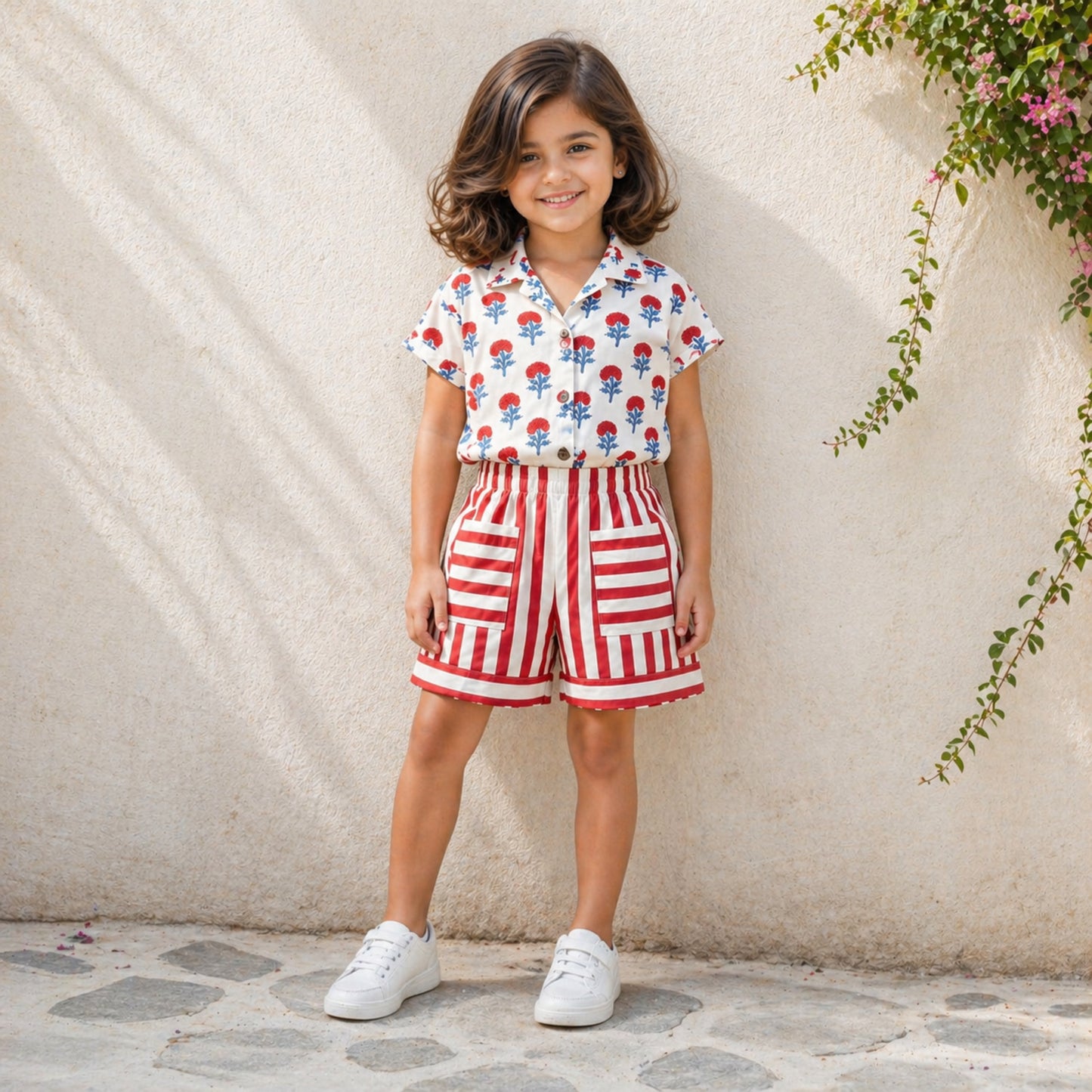 The Magic Wand Cotton Woven Floral Printed Shirt And Stripes Shorts With Patch Pockets - Orange