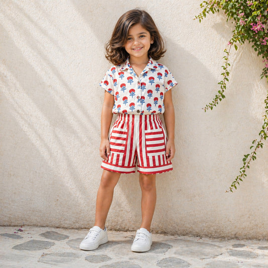 The Magic Wand Cotton Woven Floral Printed Shirt And Stripes Shorts With Patch Pockets - Orange