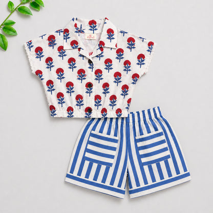 The Magic Wand Cotton Woven Floral Printed Shirt And Stripes Shorts With Patch Pockets - Blue
