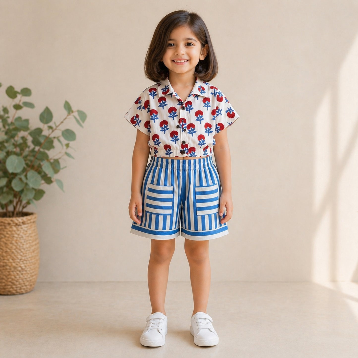 The Magic Wand Cotton Woven Floral Printed Shirt And Stripes Shorts With Patch Pockets - Blue
