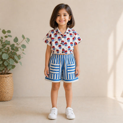 The Magic Wand Cotton Woven Floral Printed Shirt And Stripes Shorts With Patch Pockets - Blue