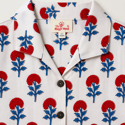 The Magic Wand Cotton Woven Floral Printed Shirt And Stripes Shorts With Patch Pockets - Blue