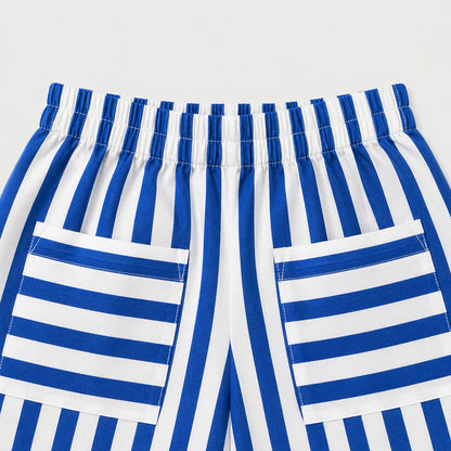 The Magic Wand Cotton Woven Floral Printed Shirt And Stripes Shorts With Patch Pockets - Blue