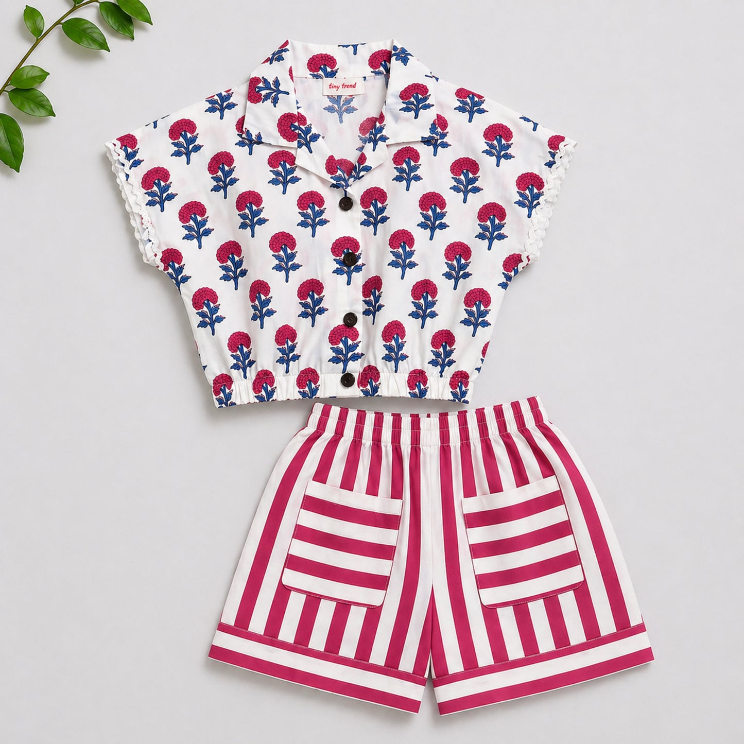 The Magic Wand Cotton Woven Floral Printed Shirt And Stripes Shorts With Patch Pockets - Fuchsia