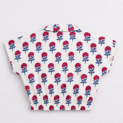 The Magic Wand Cotton Woven Floral Printed Shirt And Stripes Shorts With Patch Pockets - Fuchsia
