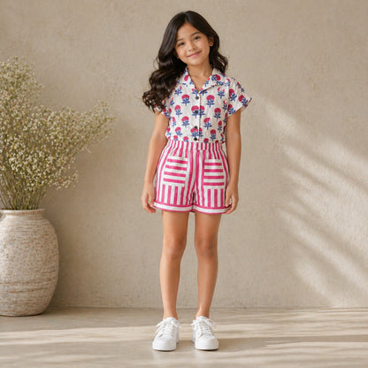 The Magic Wand Cotton Woven Floral Printed Shirt And Stripes Shorts With Patch Pockets - Fuchsia