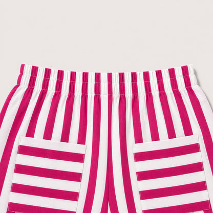 The Magic Wand Cotton Woven Floral Printed Shirt And Stripes Shorts With Patch Pockets - Fuchsia