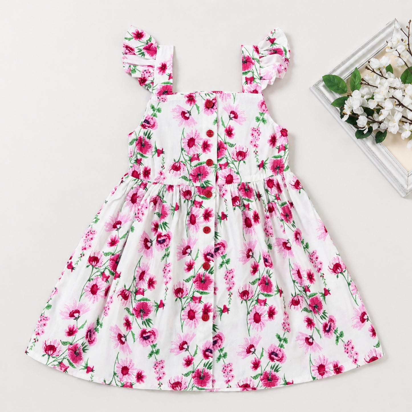 The Magic Wand Woven Frill Sleeves Floral Printed Fit & Flare Dress - White