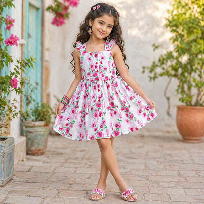 The Magic Wand Woven Frill Sleeves Floral Printed Fit & Flare Dress - White