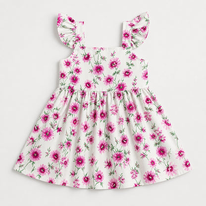The Magic Wand Woven Frill Sleeves Floral Printed Fit & Flare Dress - White