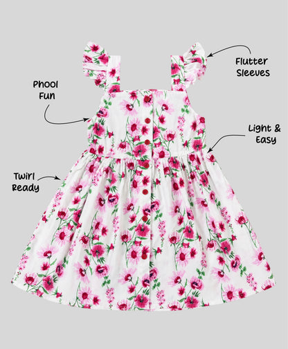 The Magic Wand Woven Frill Sleeves Floral Printed Fit & Flare Dress - White