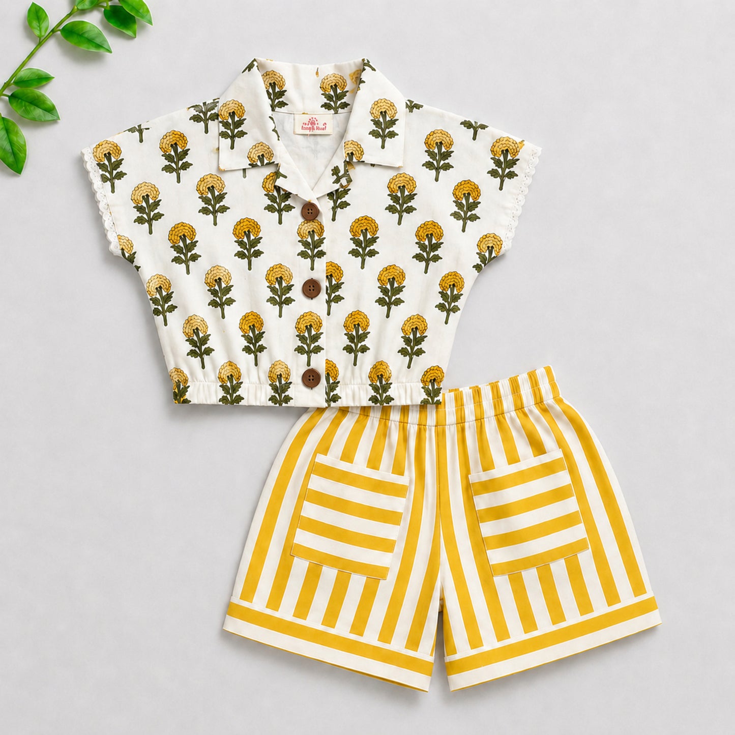 The Magic Wand Cambric Cotton Woven Floral Printed Shirt And Stripes Shorts With Patch Pockets - Yellow