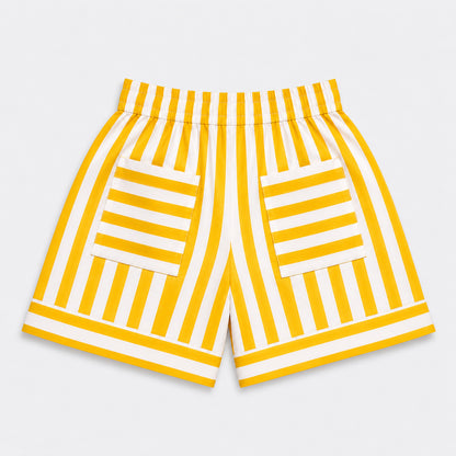 The Magic Wand Cambric Cotton Woven Floral Printed Shirt And Stripes Shorts With Patch Pockets - Yellow