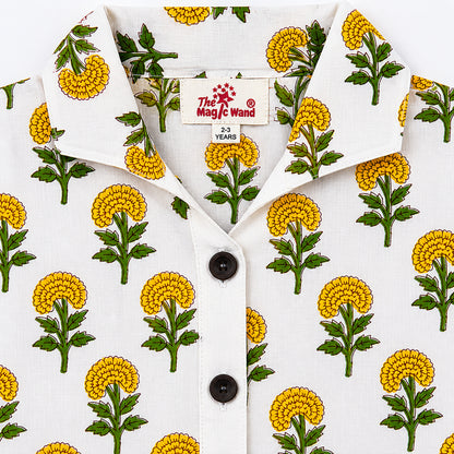 The Magic Wand Cambric Cotton Woven Floral Printed Shirt And Stripes Shorts With Patch Pockets - Yellow