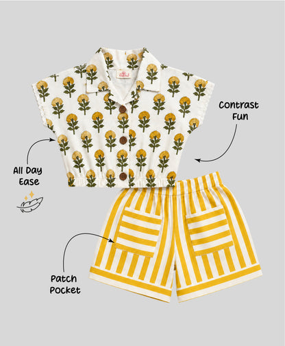 The Magic Wand Cambric Cotton Woven Floral Printed Shirt And Stripes Shorts With Patch Pockets - Yellow