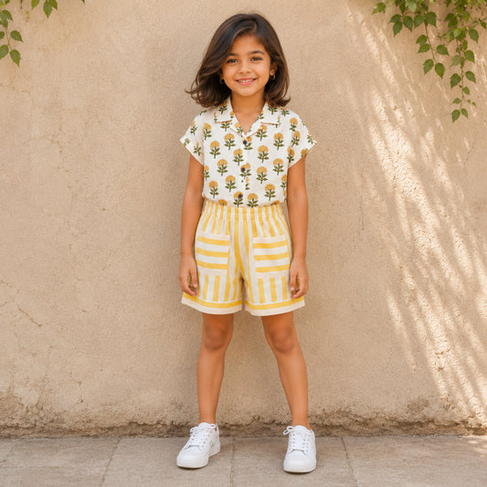 The Magic Wand Cambric Cotton Woven Floral Printed Shirt And Stripes Shorts With Patch Pockets - Yellow