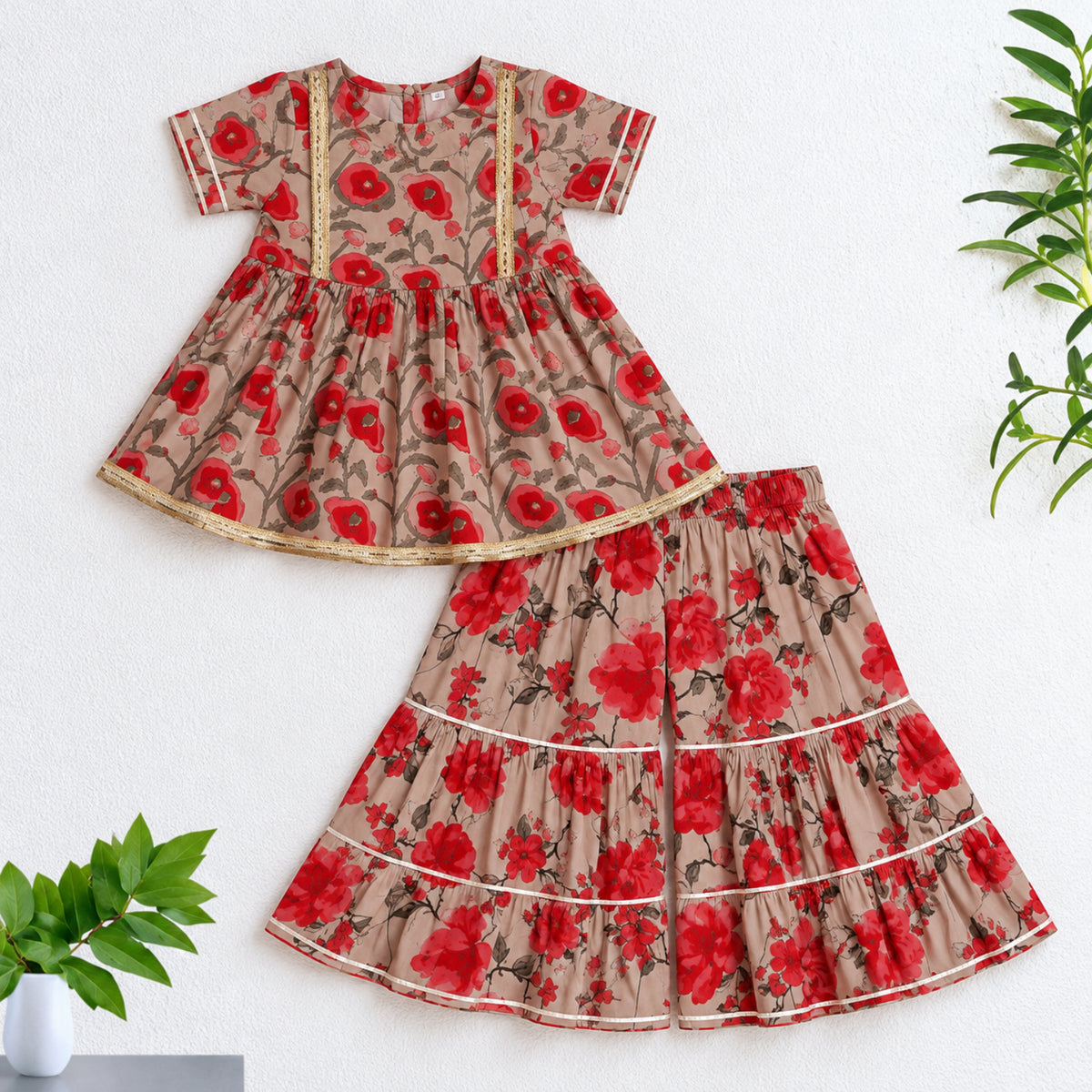 The Magic Wand Cotton Woven Cambric Half Sleeves Floral Printed Laced Kurti And Sharara Set - Brown