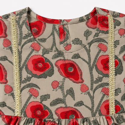 The Magic Wand Cotton Woven Cambric Half Sleeves Floral Printed Laced Kurti And Sharara Set - Brown