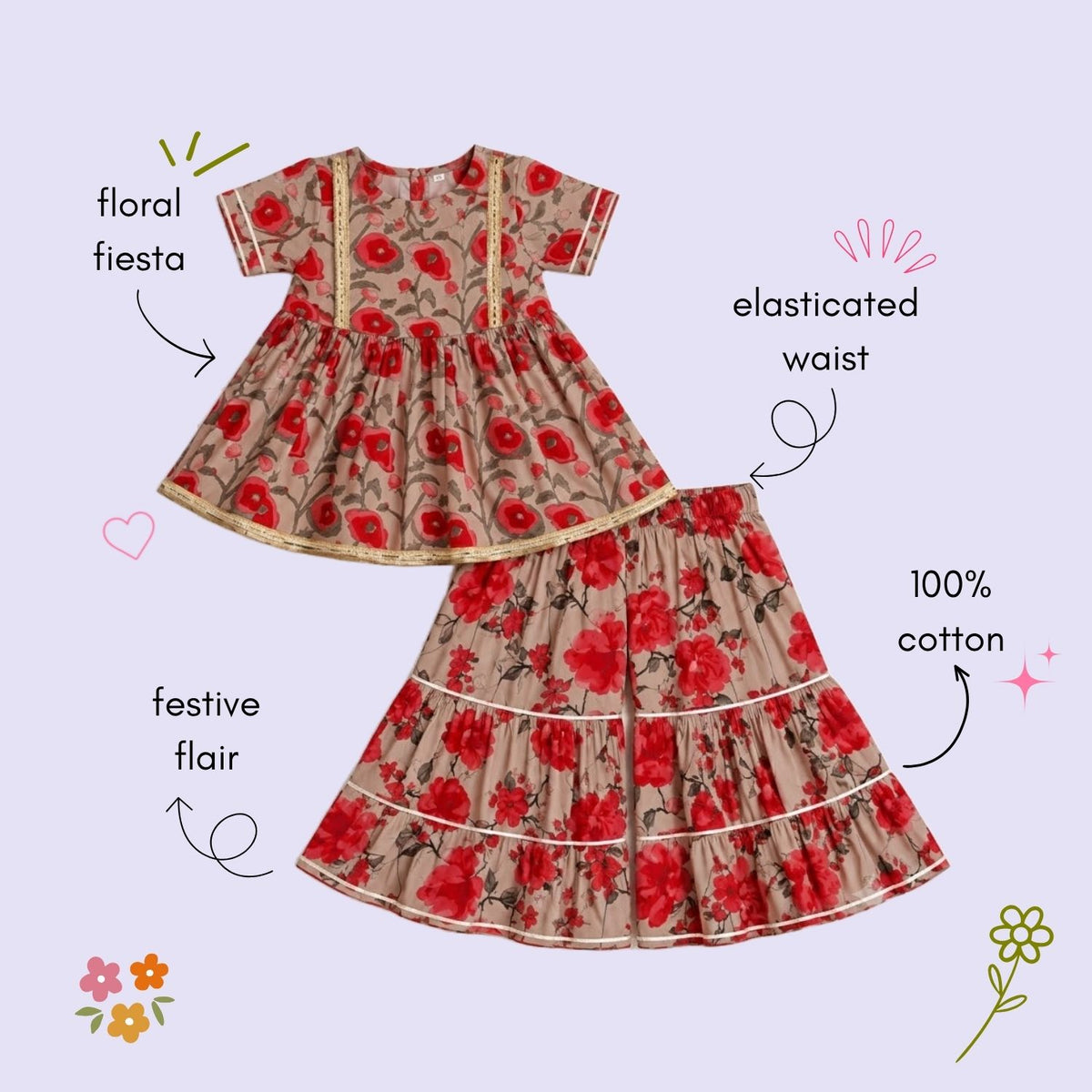The Magic Wand Cotton Woven Cambric Half Sleeves Floral Printed Laced Kurti And Sharara Set - Brown