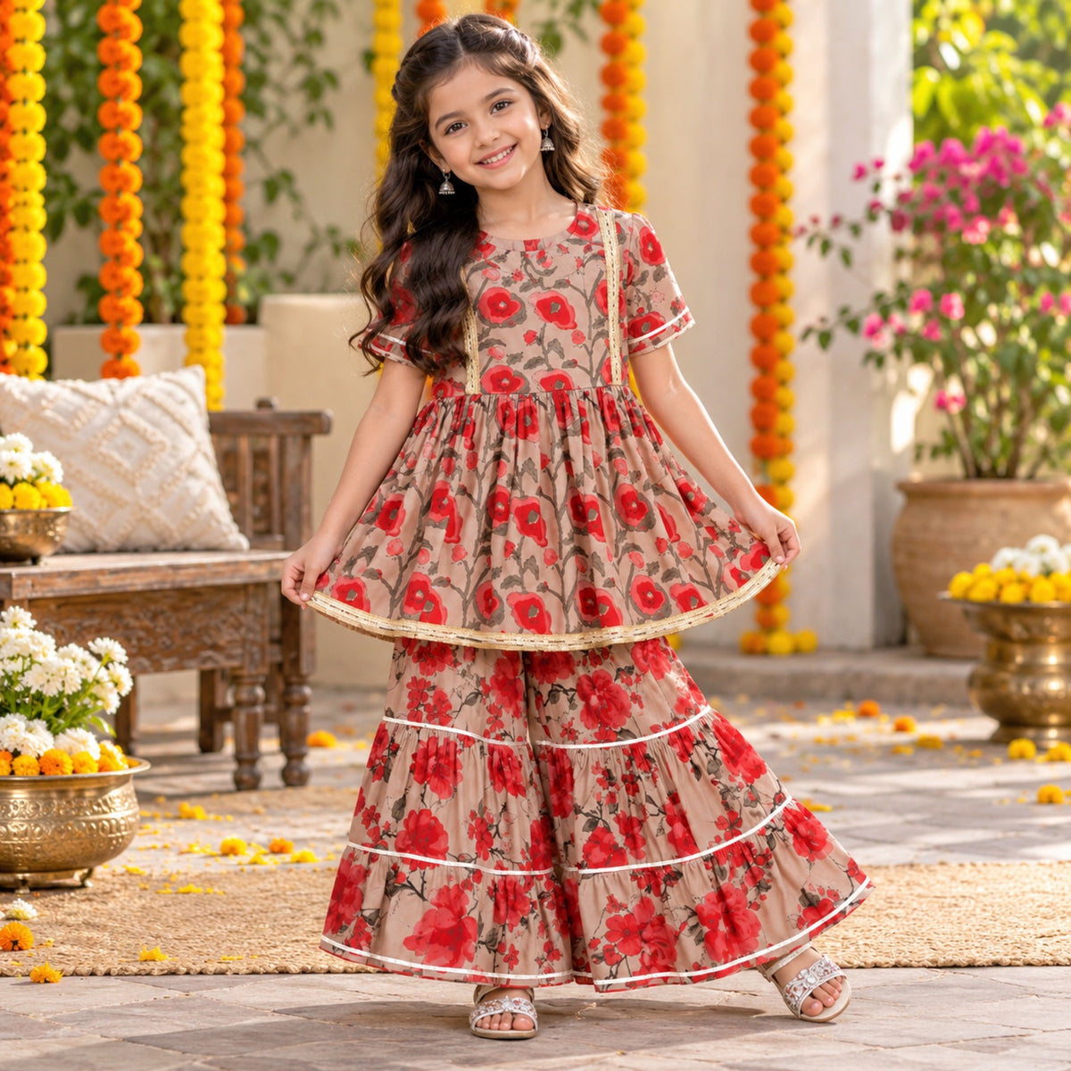 The Magic Wand Cotton Woven Cambric Half Sleeves Floral Printed Laced Kurti And Sharara Set - Brown