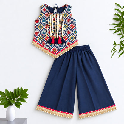 The Magic Wand Woven Sleeveless Ikat Printed Statement Tassel Detailed And Laced Top And Top Set - Navy Blue