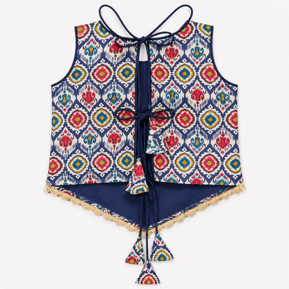The Magic Wand Woven Sleeveless Ikat Printed Statement Tassel Detailed And Laced Top And Top Set - Navy Blue