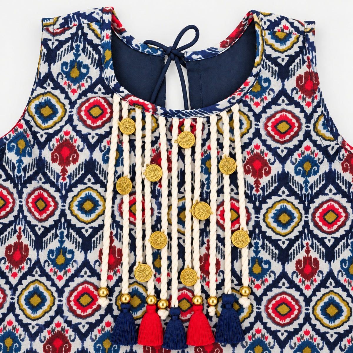 The Magic Wand Woven Sleeveless Ikat Printed Statement Tassel Detailed And Laced Top And Top Set - Navy Blue