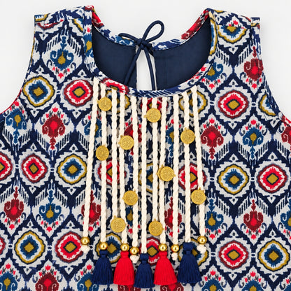 The Magic Wand Woven Sleeveless Ikat Printed Statement Tassel Detailed And Laced Top And Top Set - Navy Blue