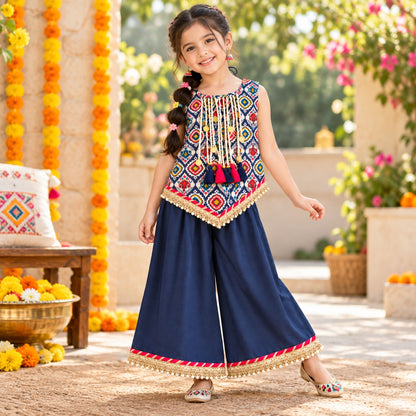The Magic Wand Woven Sleeveless Ikat Printed Statement Tassel Detailed And Laced Top And Top Set - Navy Blue