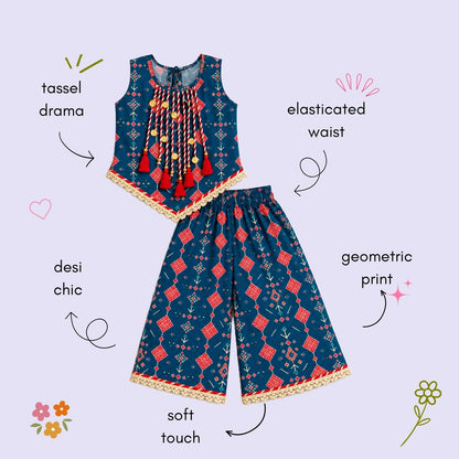 The Magic Wand Woven Sleeveless Geometric Printed Statement Tassel Detailed And Laced Top And Palazzo Set - Navy Blue